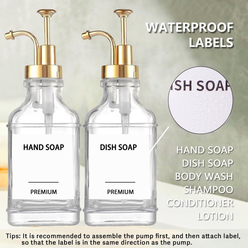 Hoousuper Dish Soap Dispenser for Kitchen, Hand Glass Soap Dispenser Set with Pump, Funnel for Bathroom, Shower, Laundry, Liquid, Lotion (Gold 2 Pack 18 Oz Clear Bottles with 12 Stickers) - Image 4